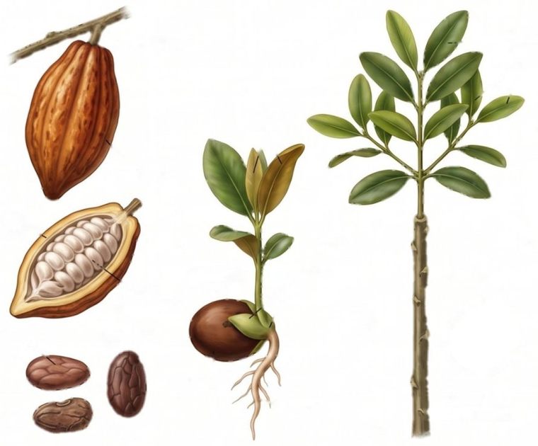 Botanical illustration of cacao, pod, beans and sapling