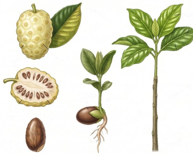 Botanical illustration of noni, fruit, seed and sapling