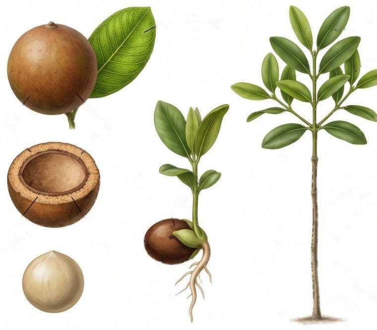 Botanical illustration of tamanu, fruit, kernel and sapling