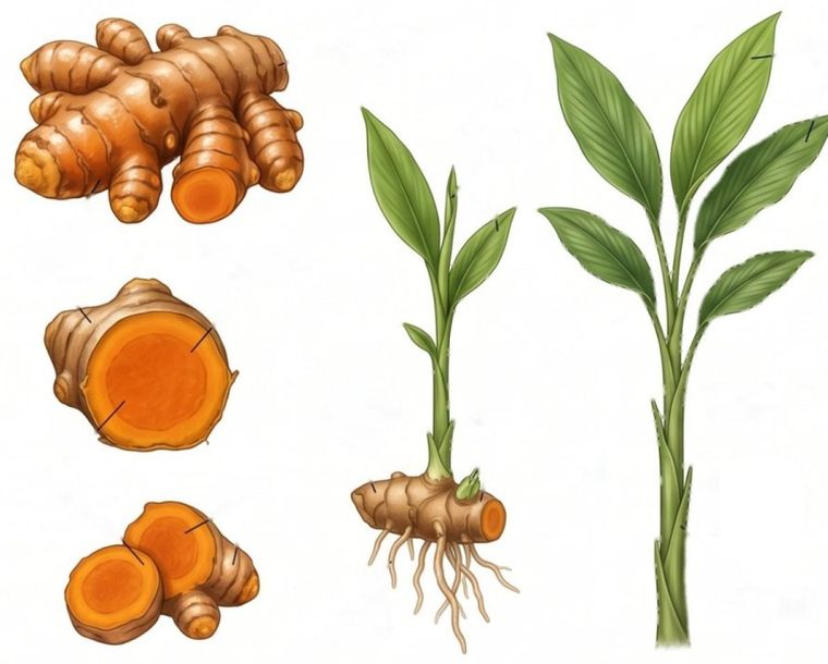 Botanical illustration of turmeric, rhizome and plant