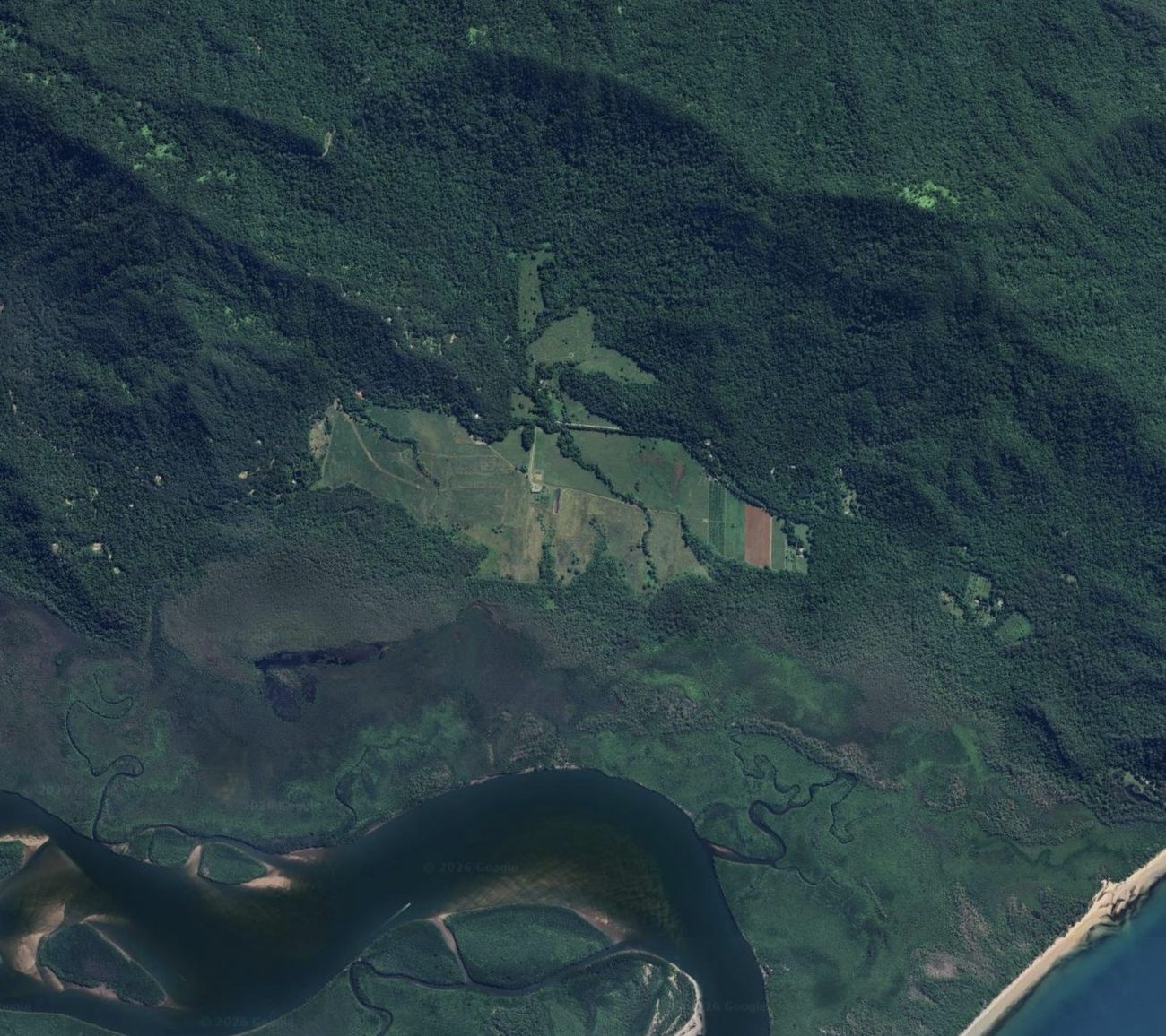Aerial view of the research station between the Daintree River and the coast